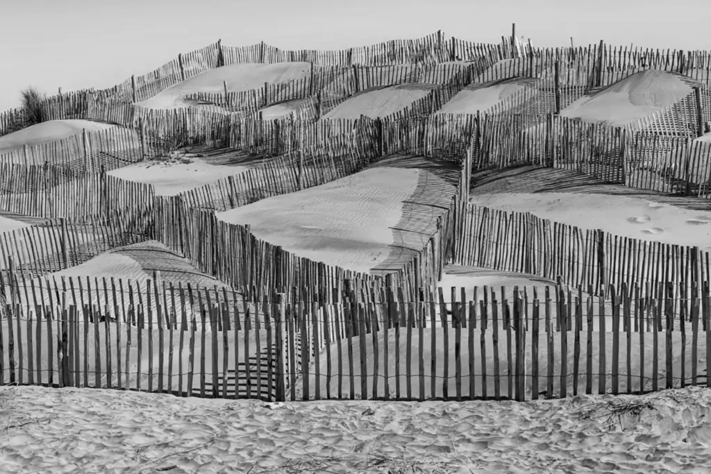 Photographie en noir et blanc réalisée par Bertrand Perret, représentant des barrières qui retiennent le sable d'une dune